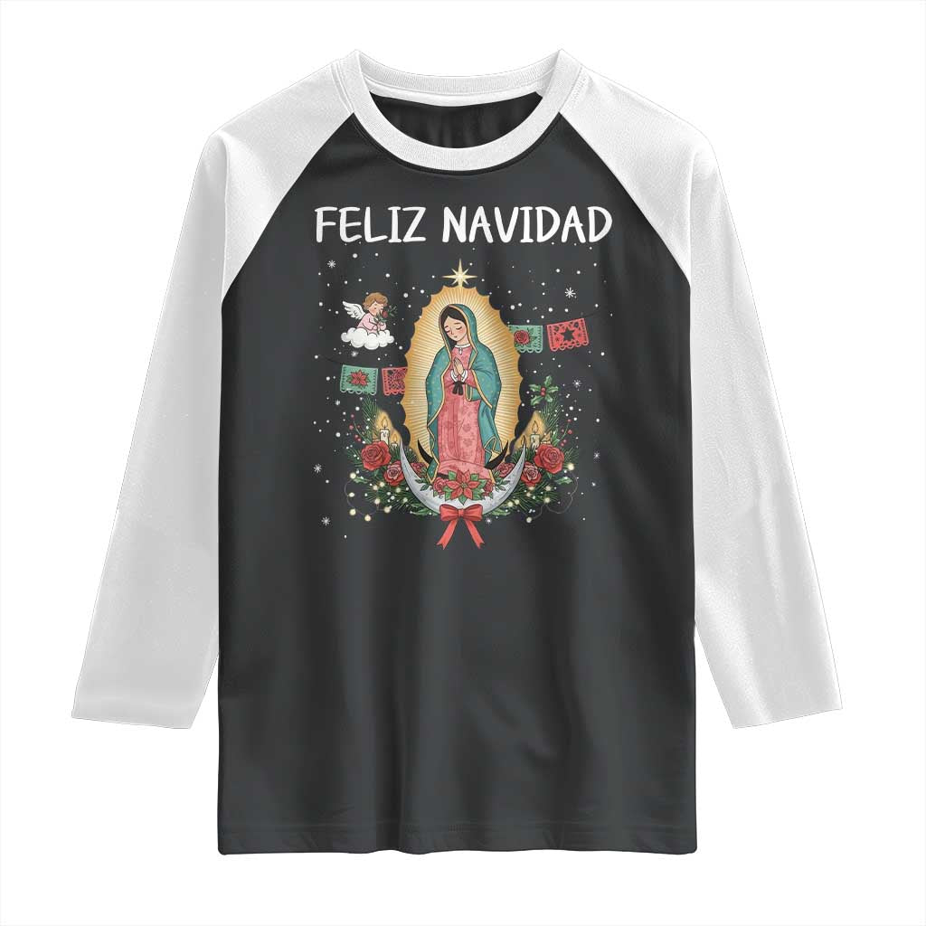 Our Lady of Guadalupe Christmas Raglan Shirt Feliz Navidad TS14 Black White Print Your Wear