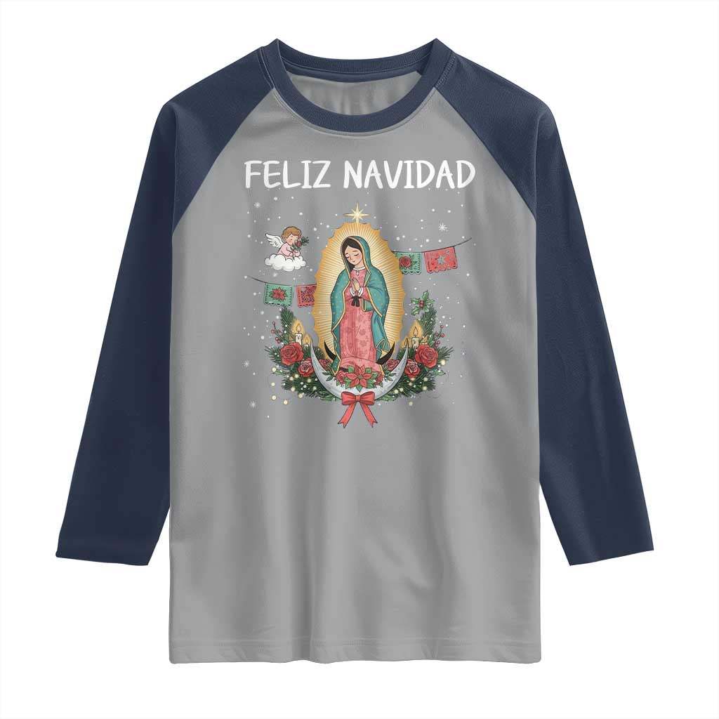 Our Lady of Guadalupe Christmas Raglan Shirt Feliz Navidad TS14 Sport Gray Navy Print Your Wear