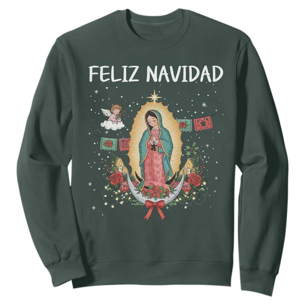 Our Lady of Guadalupe Christmas Sweatshirt Feliz Navidad TS14 Dark Forest Green Print Your Wear