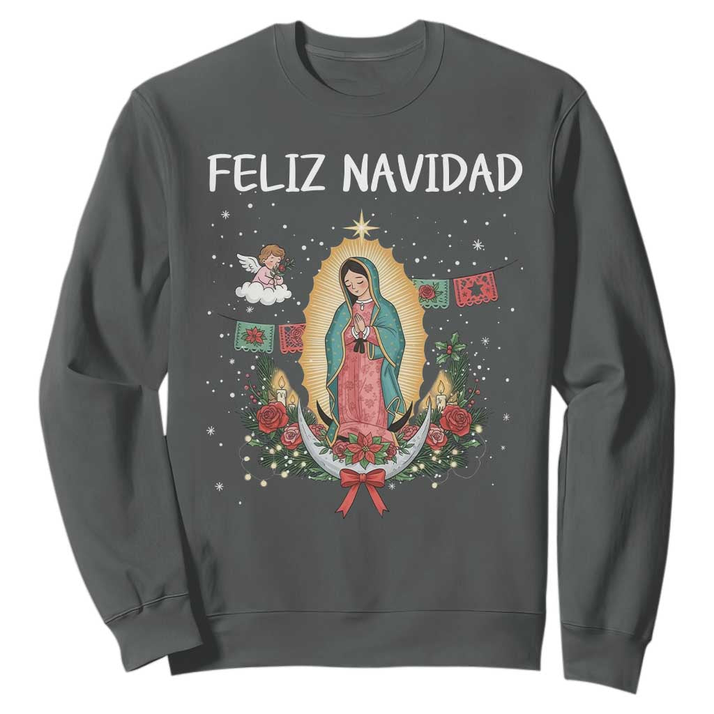 Our Lady of Guadalupe Christmas Sweatshirt Feliz Navidad TS14 Dark Heather Print Your Wear