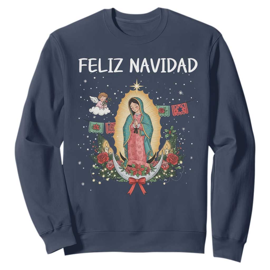 Our Lady of Guadalupe Christmas Sweatshirt Feliz Navidad TS14 Navy Print Your Wear