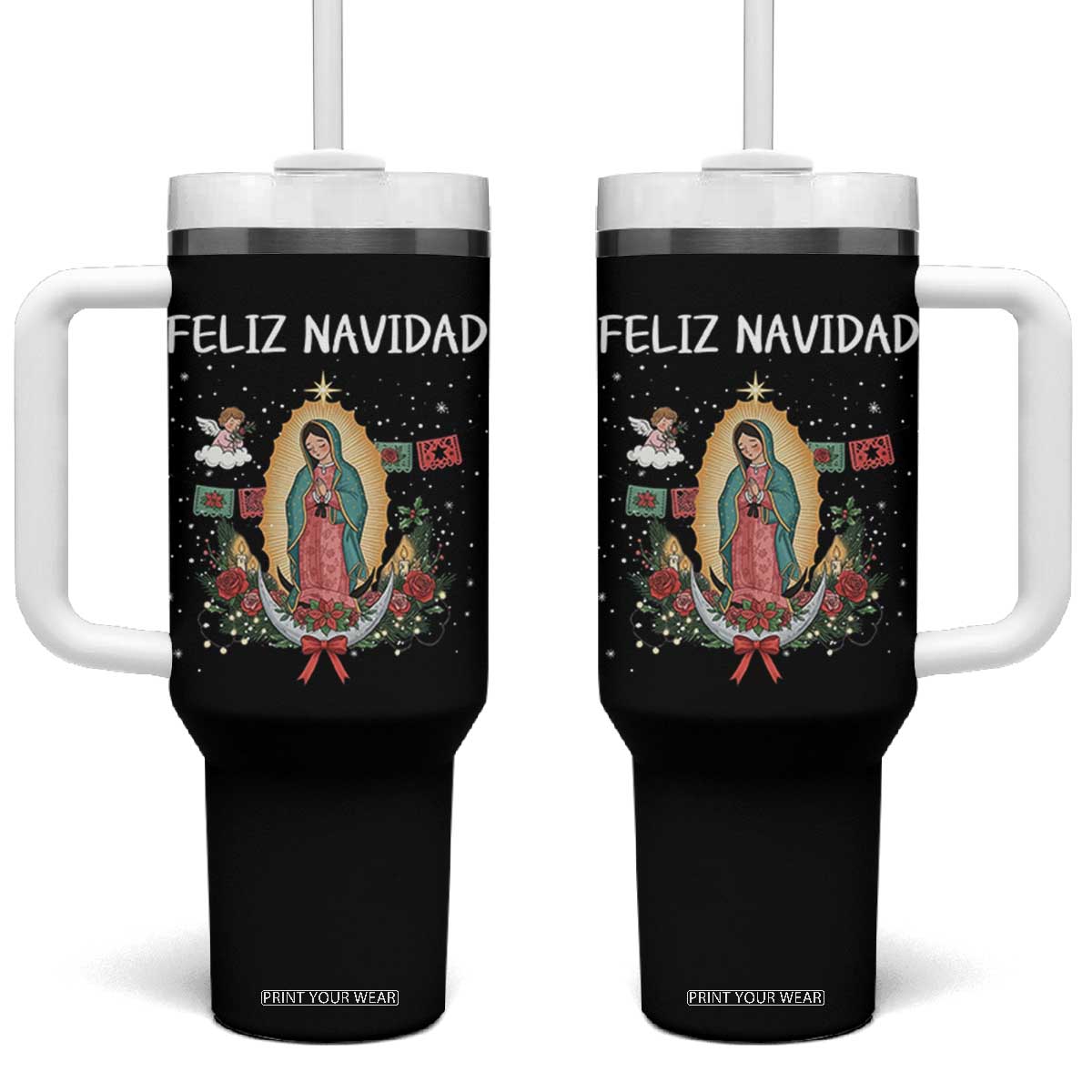 Our Lady of Guadalupe Christmas Tumbler With Handle Feliz Navidad TS14 One Size: 40 oz Black Print Your Wear