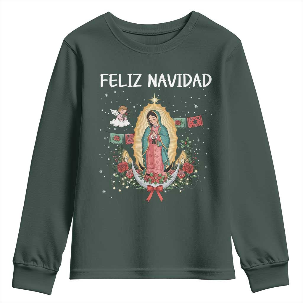 Our Lady of Guadalupe Christmas Youth Sweatshirt Feliz Navidad TS14 Dark Forest Green Print Your Wear