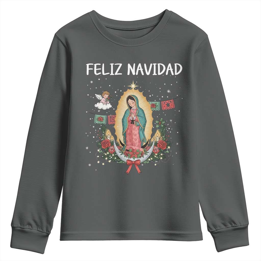 Our Lady of Guadalupe Christmas Youth Sweatshirt Feliz Navidad TS14 Dark Heather Print Your Wear