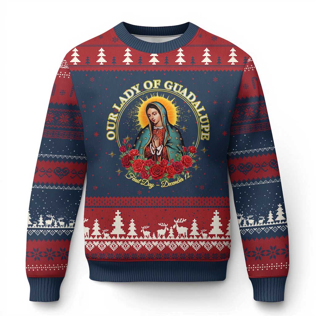 Virgen De Guadalupe Catholic Ugly Christmas Sweater Our Lady Of Guadalupe TS14 Navy Red Print Your Wear