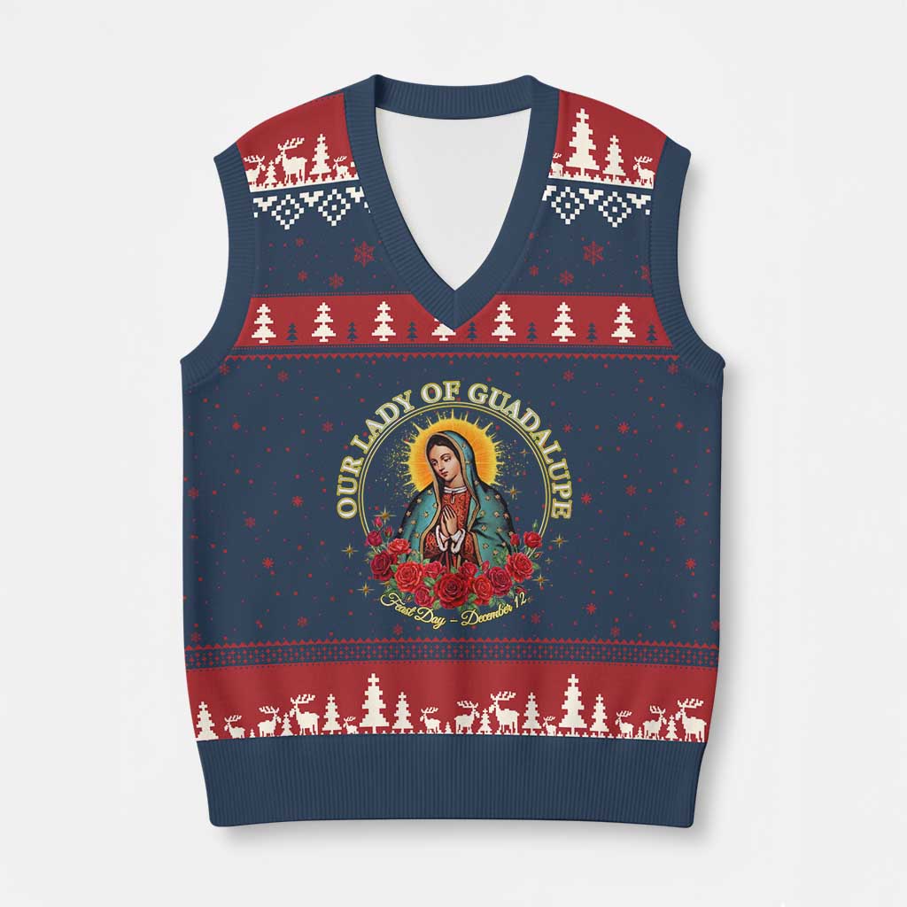 Virgen De Guadalupe Catholic V-Neck Knit Sweater Vest Our Lady Of Guadalupe TS14 Navy Red Print Your Wear