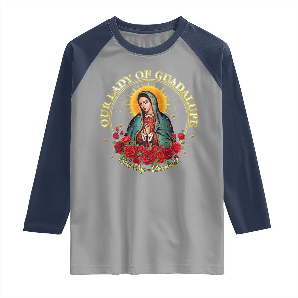 Virgen De Guadalupe Catholic Raglan Shirt Our Lady Of Guadalupe TS14 Sport Gray Navy Print Your Wear