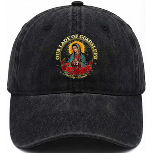 Virgen De Guadalupe Catholic Washed Cotton Baseball Cap Our Lady Of Guadalupe TS14 Washed Cap Universal Fit Black Print Your Wear