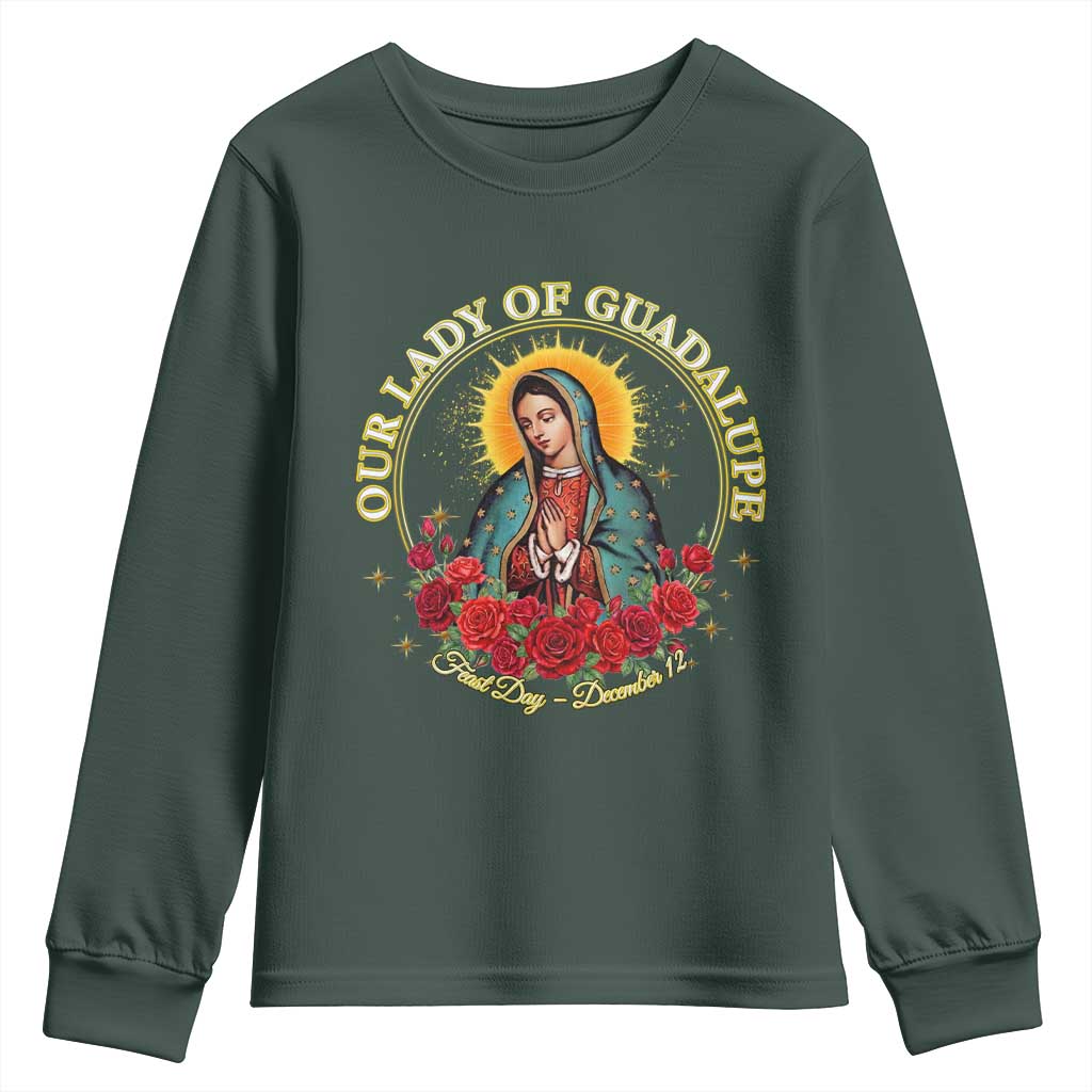 Virgen De Guadalupe Catholic Youth Sweatshirt Our Lady Of Guadalupe TS14 Dark Forest Green Print Your Wear