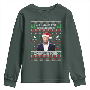 Charlie Kirk Christmas Youth Sweatshirt Freedom Memorial Patriotic Christian Xmas TS14 Dark Forest Green Print Your Wear