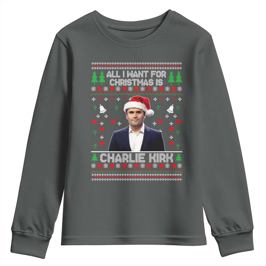 Charlie Kirk Christmas Youth Sweatshirt Freedom Memorial Patriotic Christian Xmas TS14 Dark Heather Print Your Wear
