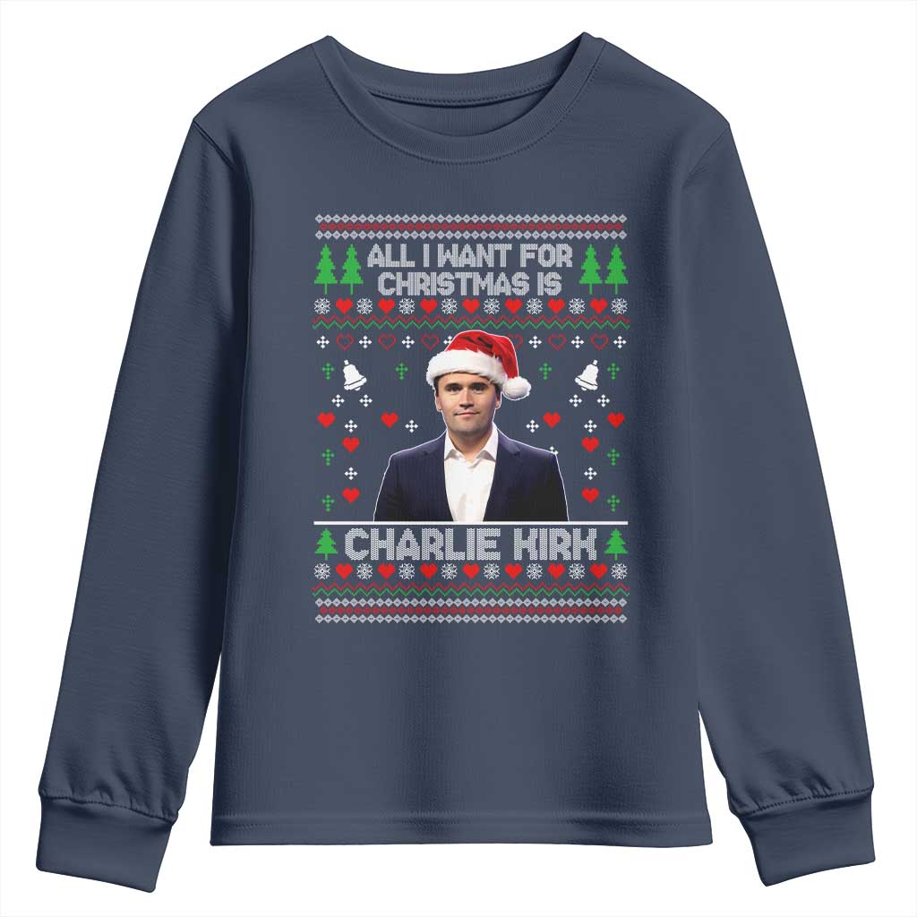 Charlie Kirk Christmas Youth Sweatshirt Freedom Memorial Patriotic Christian Xmas TS14 Navy Print Your Wear