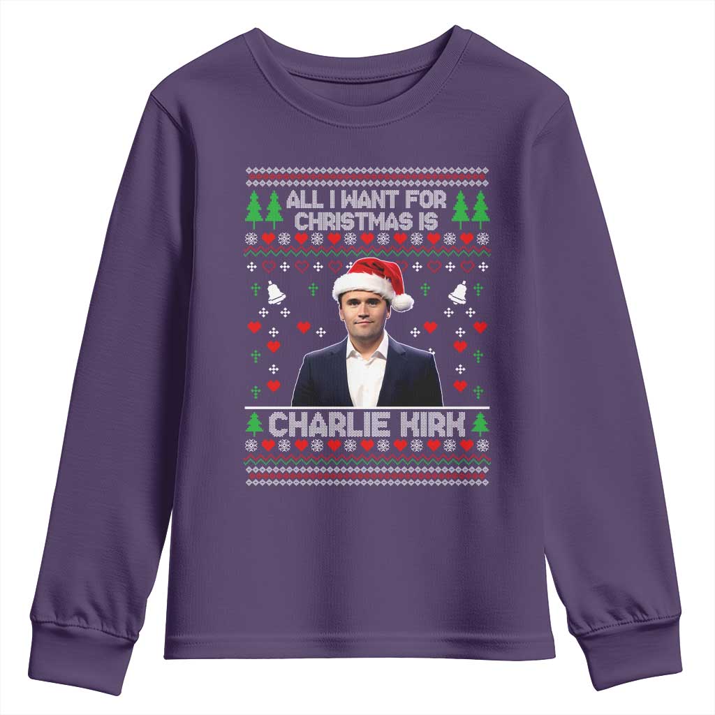Charlie Kirk Christmas Youth Sweatshirt Freedom Memorial Patriotic Christian Xmas TS14 Purple Print Your Wear