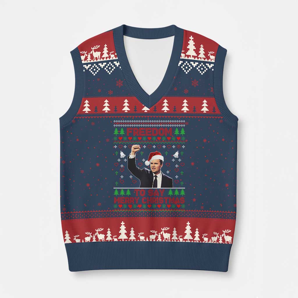 Charlie Kirk Xmas V-Neck Knit Sweater Vest Freedom To Say Merry Xmas TS14 Navy Red Print Your Wear