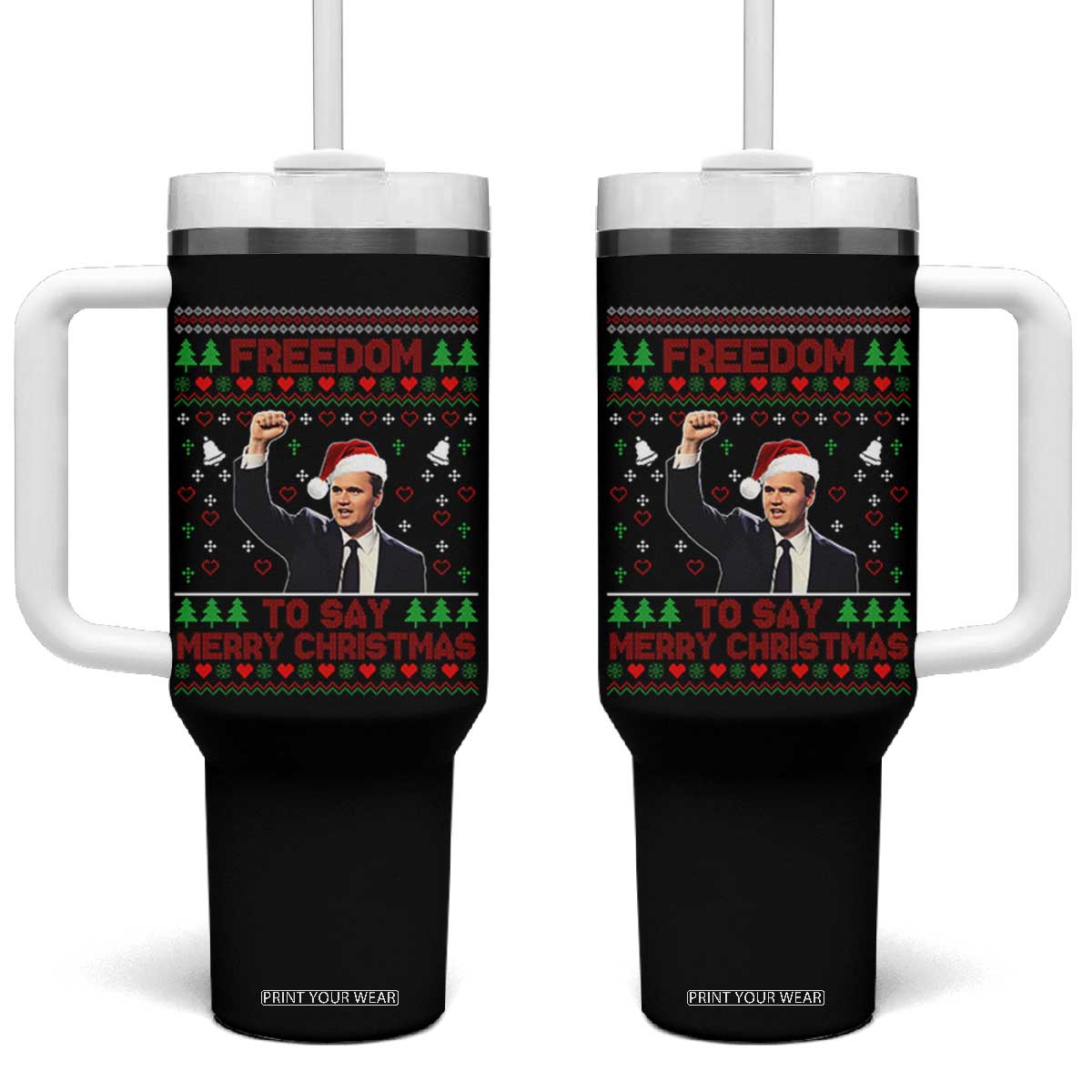 Charlie Kirk Christmas Tumbler With Handle Freedom To Say Merry Christmas - Print Your Wear