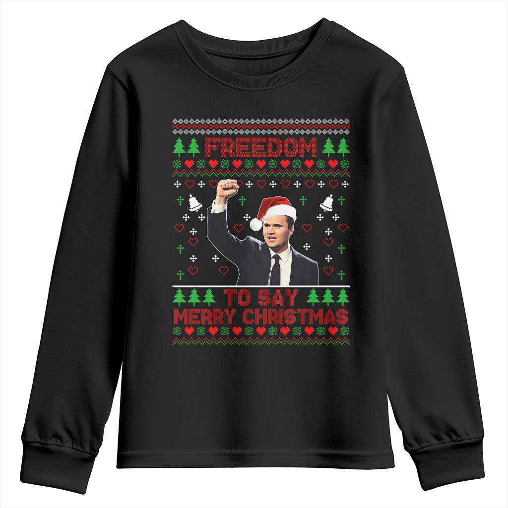 Charlie Kirk Christmas Youth Sweatshirt Freedom To Say Merry Christmas - Print Your Wear