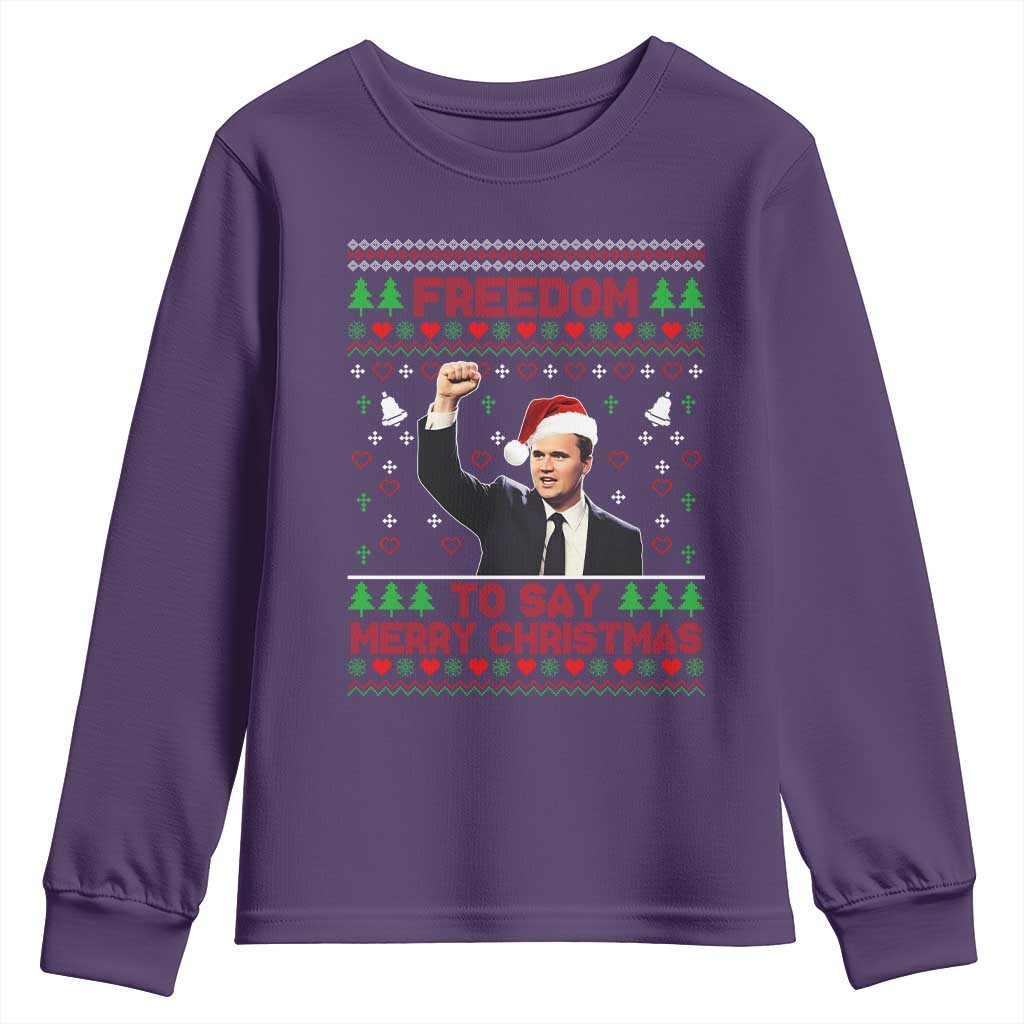 Charlie Kirk Christmas Youth Sweatshirt Freedom To Say Merry Christmas TS14 Purple Print Your Wear