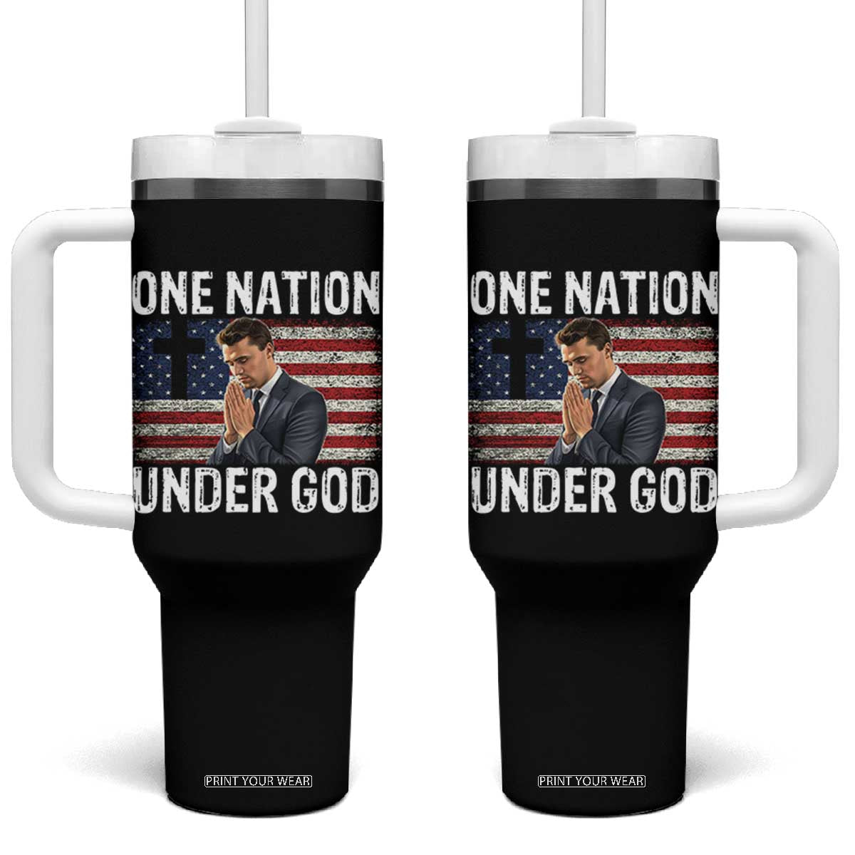 Charlie Kirk Christian Tumbler With Handle One Nation Under God Patriotic Faith TS14 One Size: 40 oz Black Print Your Wear