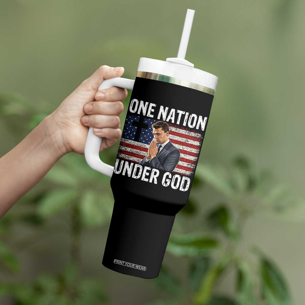 Charlie Kirk Christian Tumbler With Handle One Nation Under God Patriotic Faith TS14 Print Your Wear
