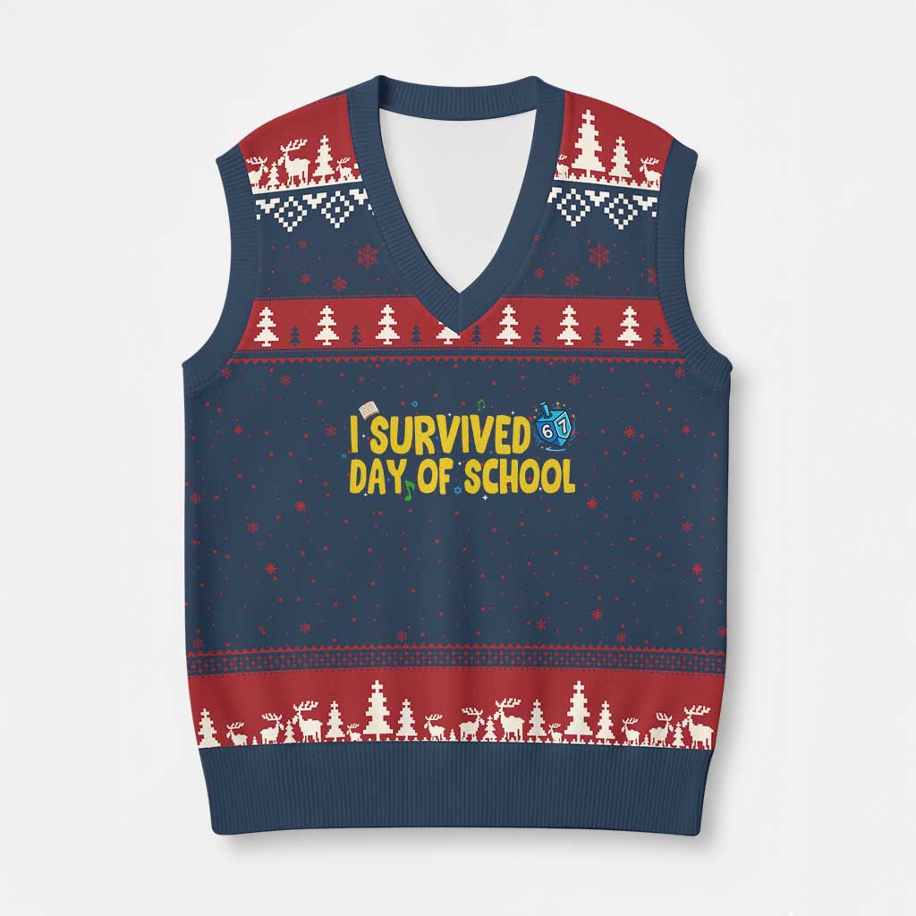 67 Six Seven Meme V-Neck Knit Sweater Vest Funny Hanukkah School Days TS14 Navy Red Print Your Wear