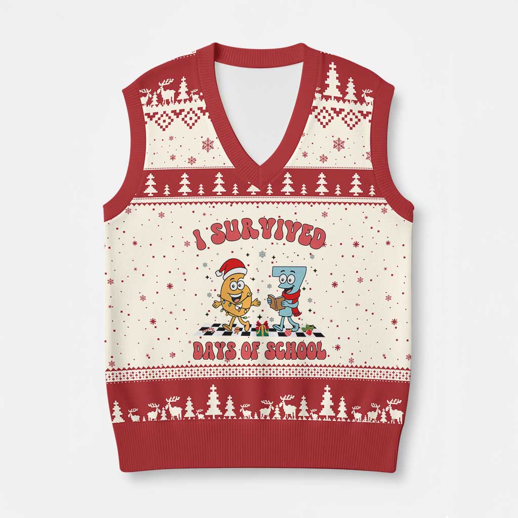 67 Six Seven Xmas Meme V-Neck Knit Sweater Vest I Survived Days Of School TS14 Beige Red Print Your Wear