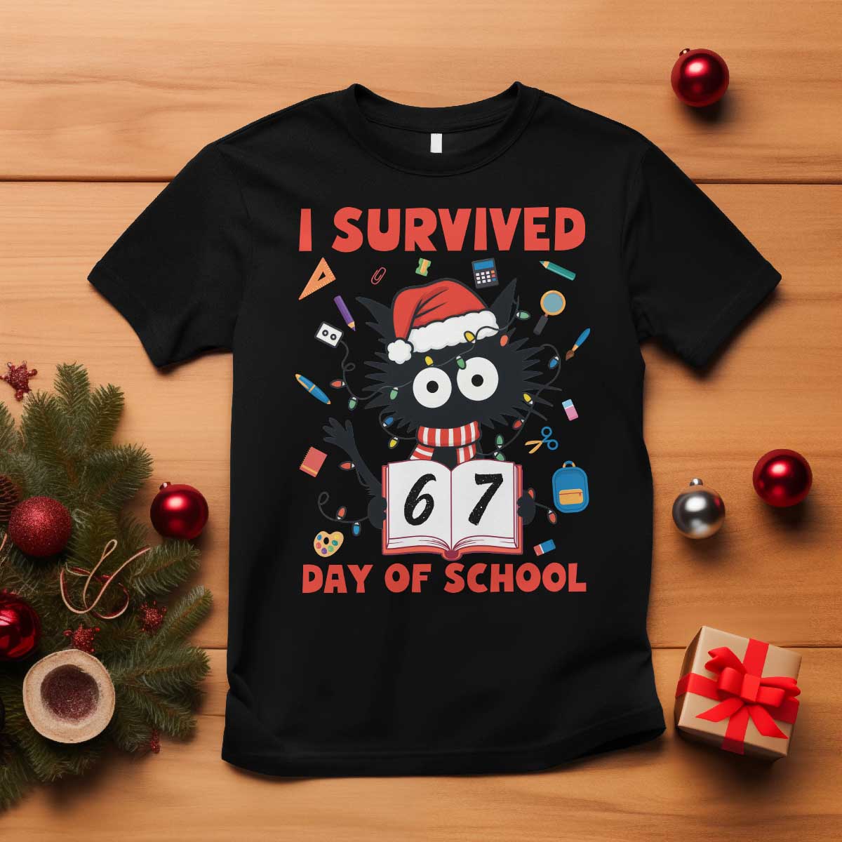 I Survived 67 Days Of School Cat Meme T Shirt Funny Christmas Six Seven Meme TS14 Black Print Your Wear