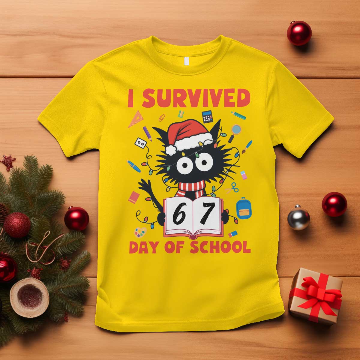 I Survived 67 Days Of School Cat Meme T Shirt Funny Christmas Six Seven Meme TS14 Daisy Print Your Wear