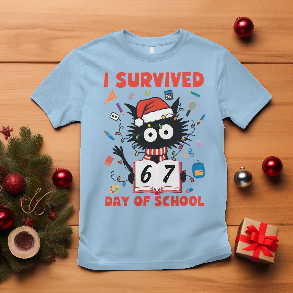 I Survived 67 Days Of School Cat Meme T Shirt Funny Christmas Six Seven Meme TS14 Light Blue Print Your Wear