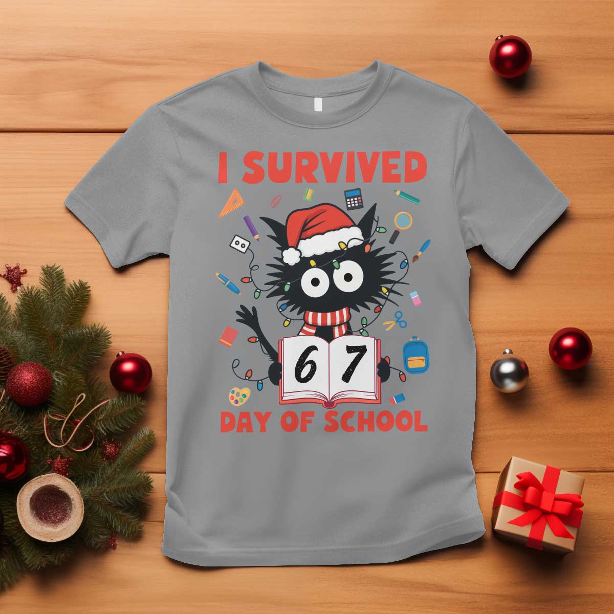I Survived 67 Days Of School Cat Meme T Shirt Funny Christmas Six Seven Meme TS14 Sport Gray Print Your Wear