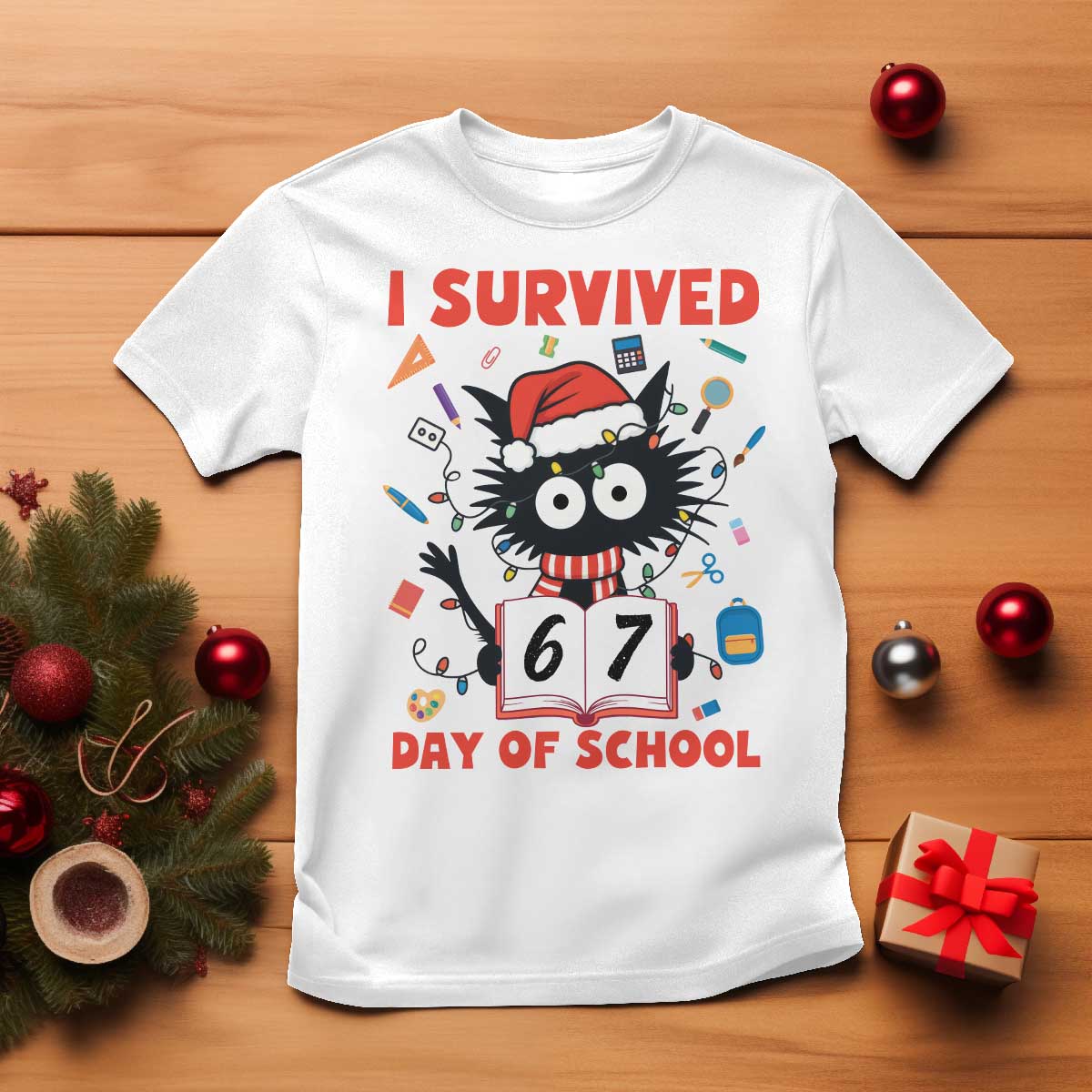 I Survived 67 Days Of School Cat Meme T Shirt Funny Christmas Six Seven Meme TS14 White Print Your Wear