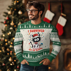 I Survived 67 Days Of School Cat Meme Ugly Christmas Sweater Funny Xmas Six Seven Meme TS14 Beige Green Print Your Wear
