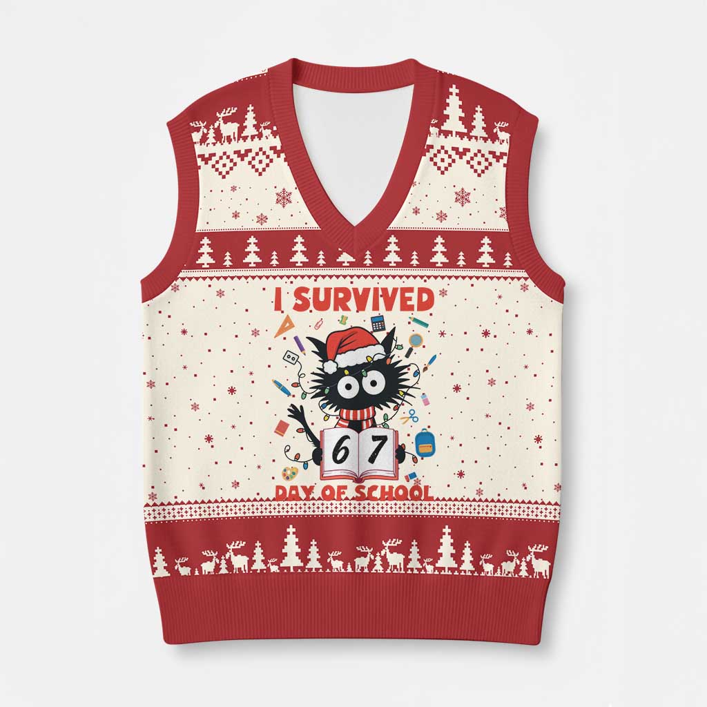 I Survived 67 Days Of School Cat Meme V-Neck Knit Sweater Vest Funny Xmas Six Seven Meme TS14 Beige Red Print Your Wear