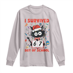 I Survived 67 Days Of School Cat Meme Long Sleeve Shirt Funny Christmas Six Seven Meme TS14 Ice Gray Print Your Wear