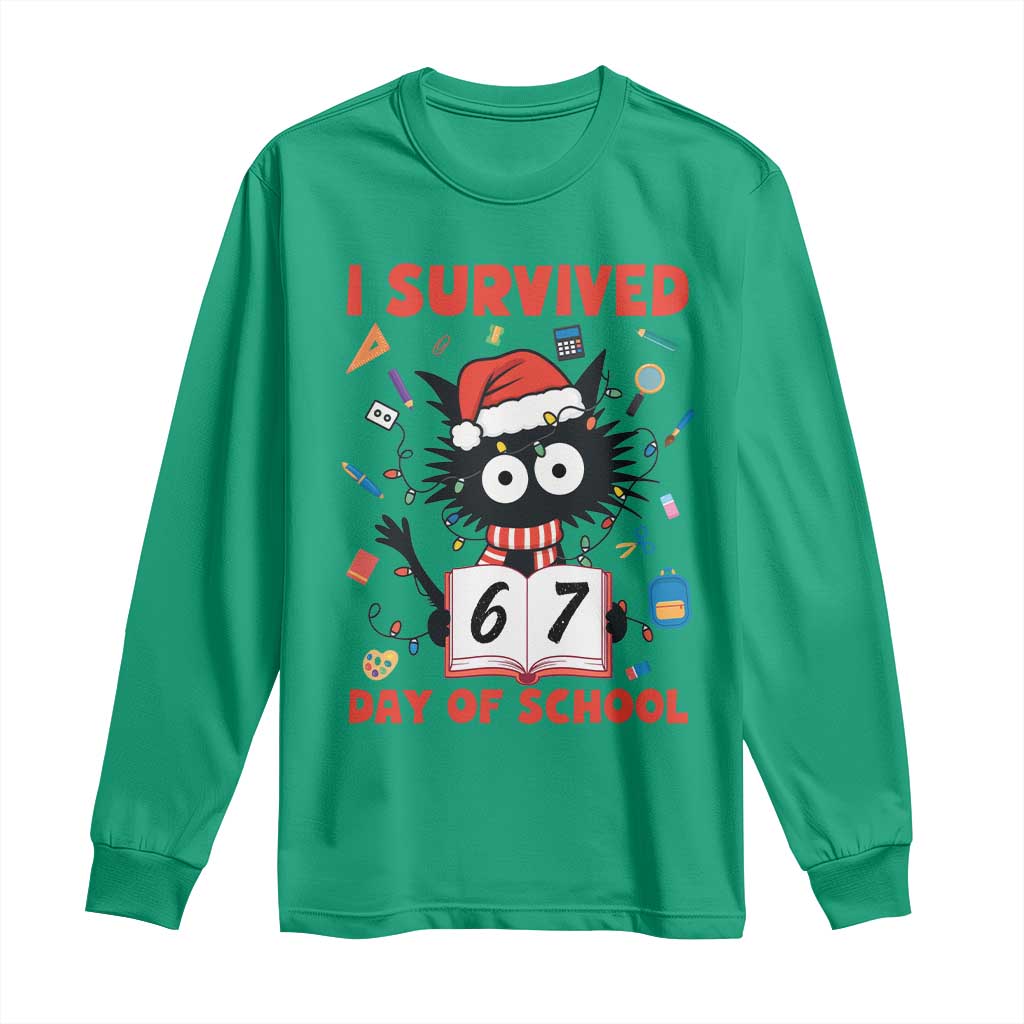 I Survived 67 Days Of School Cat Meme Long Sleeve Shirt Funny Christmas Six Seven Meme TS14 Irish Green Print Your Wear