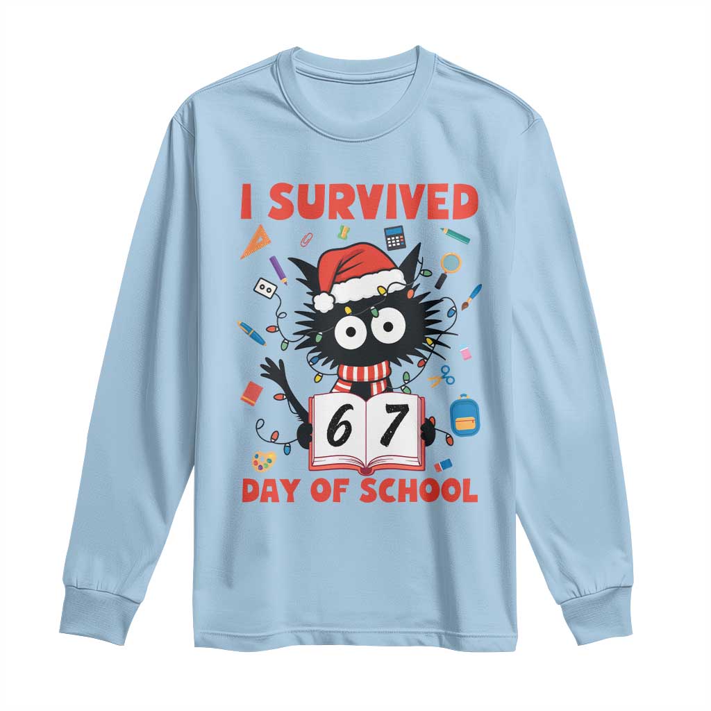 I Survived 67 Days Of School Cat Meme Long Sleeve Shirt Funny Christmas Six Seven Meme TS14 Light Blue Print Your Wear