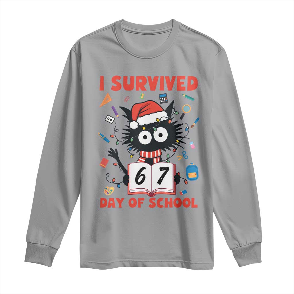 I Survived 67 Days Of School Cat Meme Long Sleeve Shirt Funny Christmas Six Seven Meme TS14 Sport Gray Print Your Wear