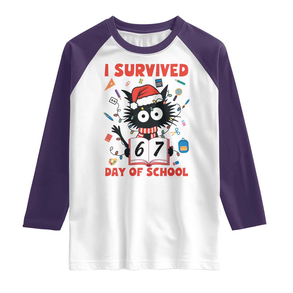 I Survived 67 Days Of School Cat Meme Raglan Shirt Funny Christmas Six Seven Meme TS14 White Purple Print Your Wear