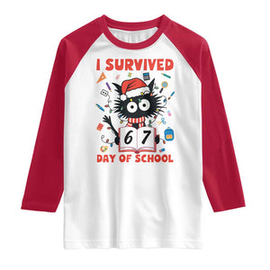 I Survived 67 Days Of School Cat Meme Raglan Shirt Funny Christmas Six Seven Meme TS14 White Red Print Your Wear