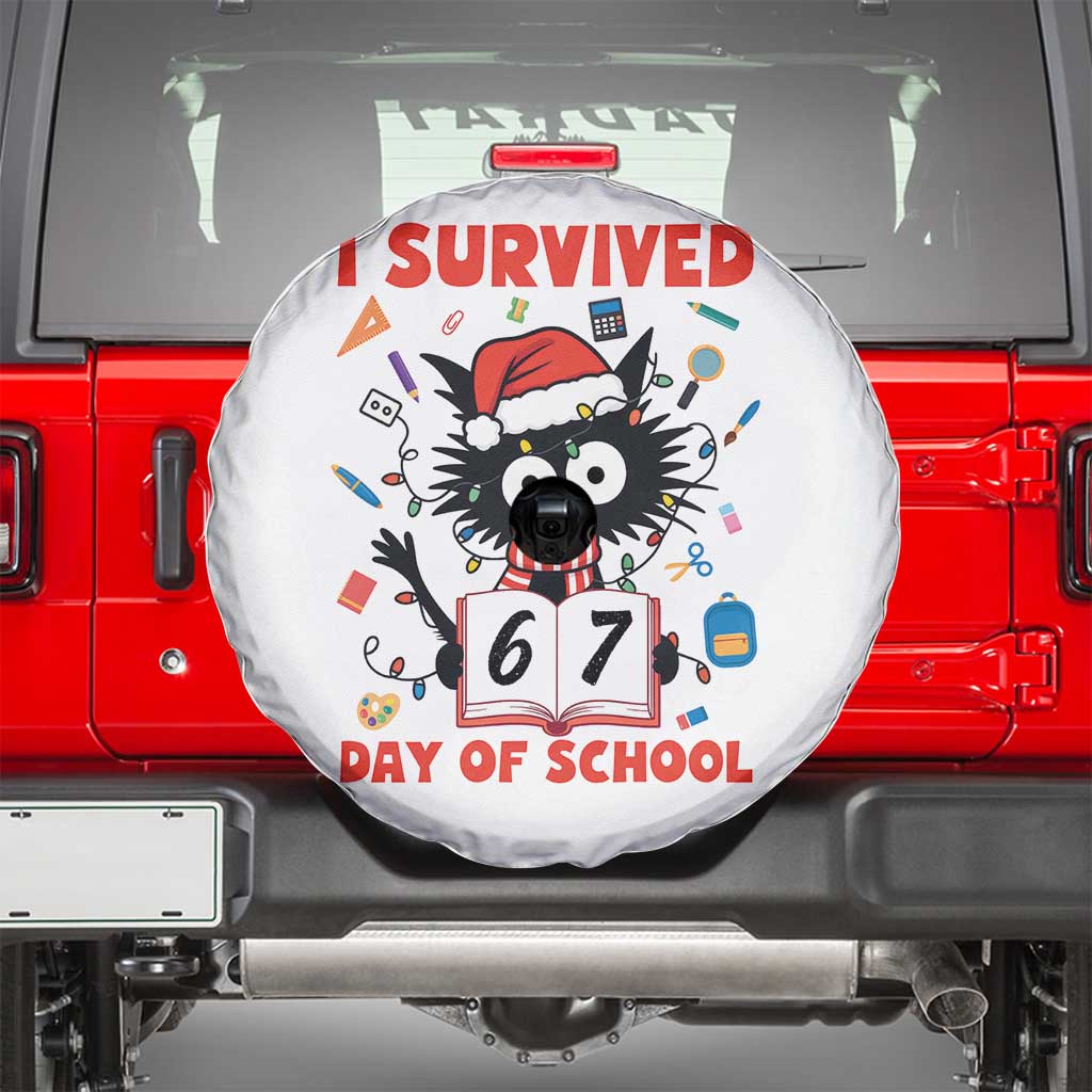 I Survived 67 Days Of School Cat Meme Spare Tire Cover Funny Christmas Six Seven Meme TS14 White Print Your Wear