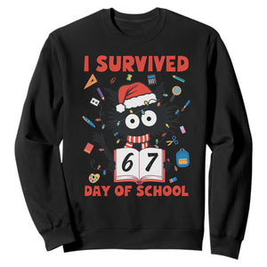 I Survived 67 Days Of School Cat Meme Sweatshirt Funny Christmas Six Seven Meme TS14 Black Print Your Wear