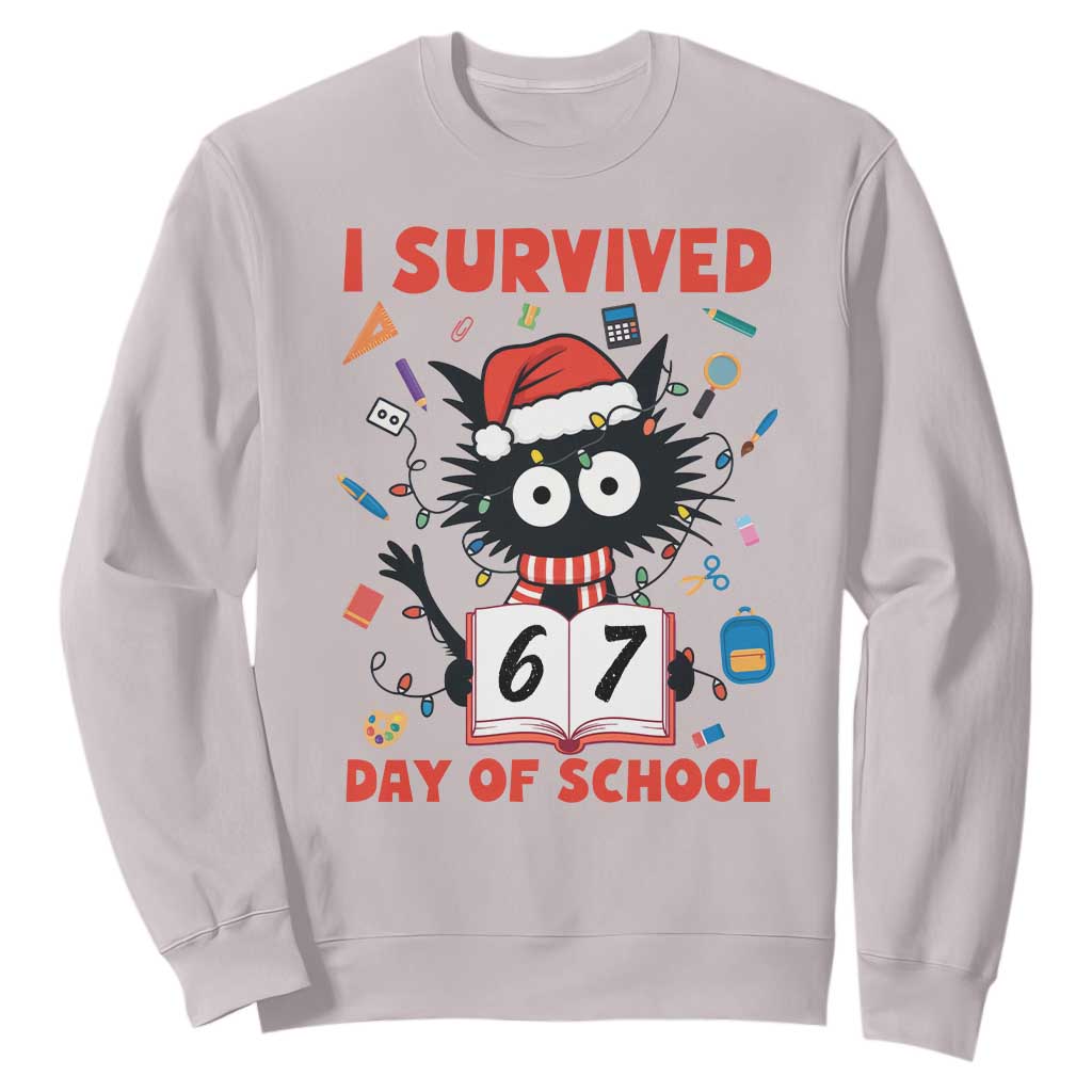 I Survived 67 Days Of School Cat Meme Sweatshirt Funny Christmas Six Seven Meme TS14 Ice Gray Print Your Wear