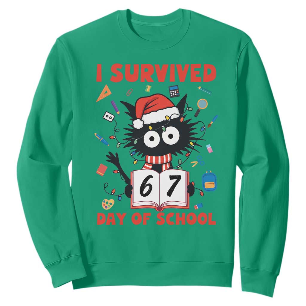 I Survived 67 Days Of School Cat Meme Sweatshirt Funny Christmas Six Seven Meme TS14 Irish Green Print Your Wear
