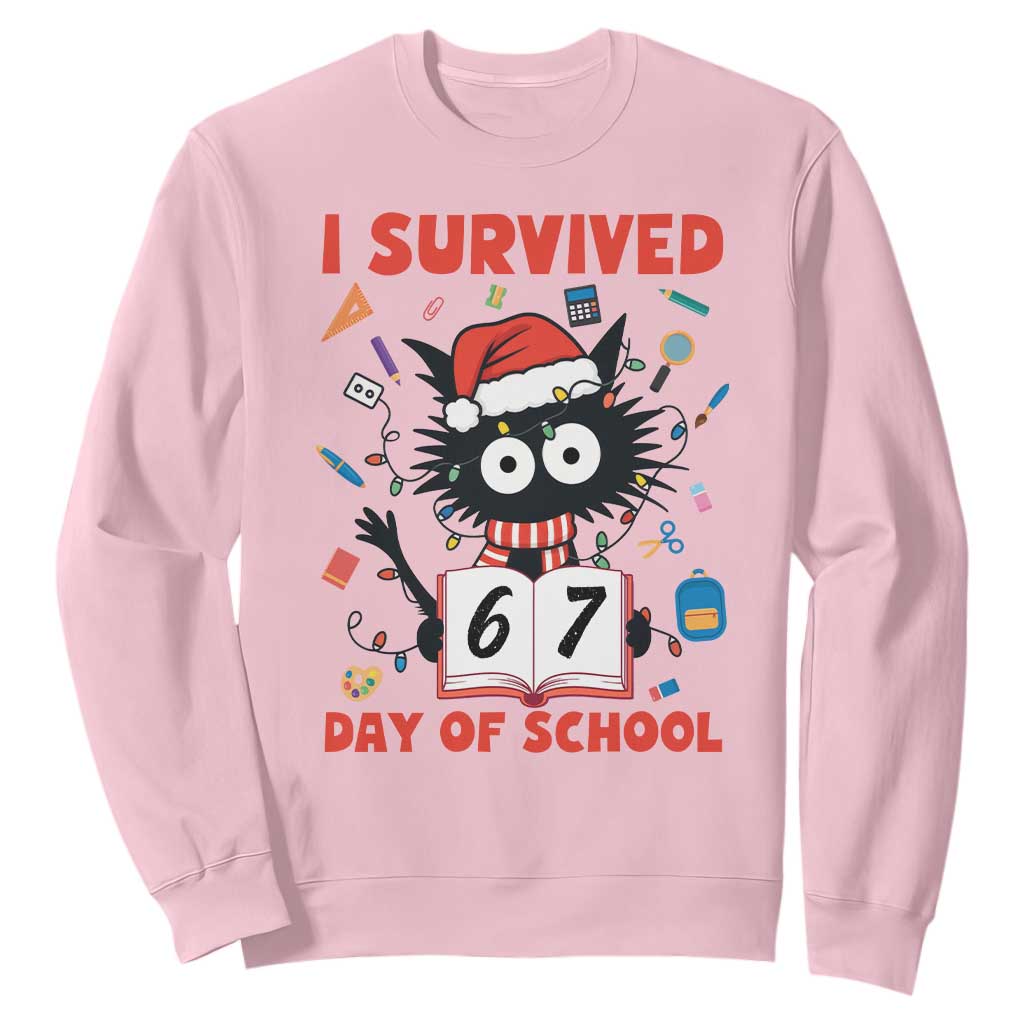 I Survived 67 Days Of School Cat Meme Sweatshirt Funny Christmas Six Seven Meme TS14 Light Pink Print Your Wear