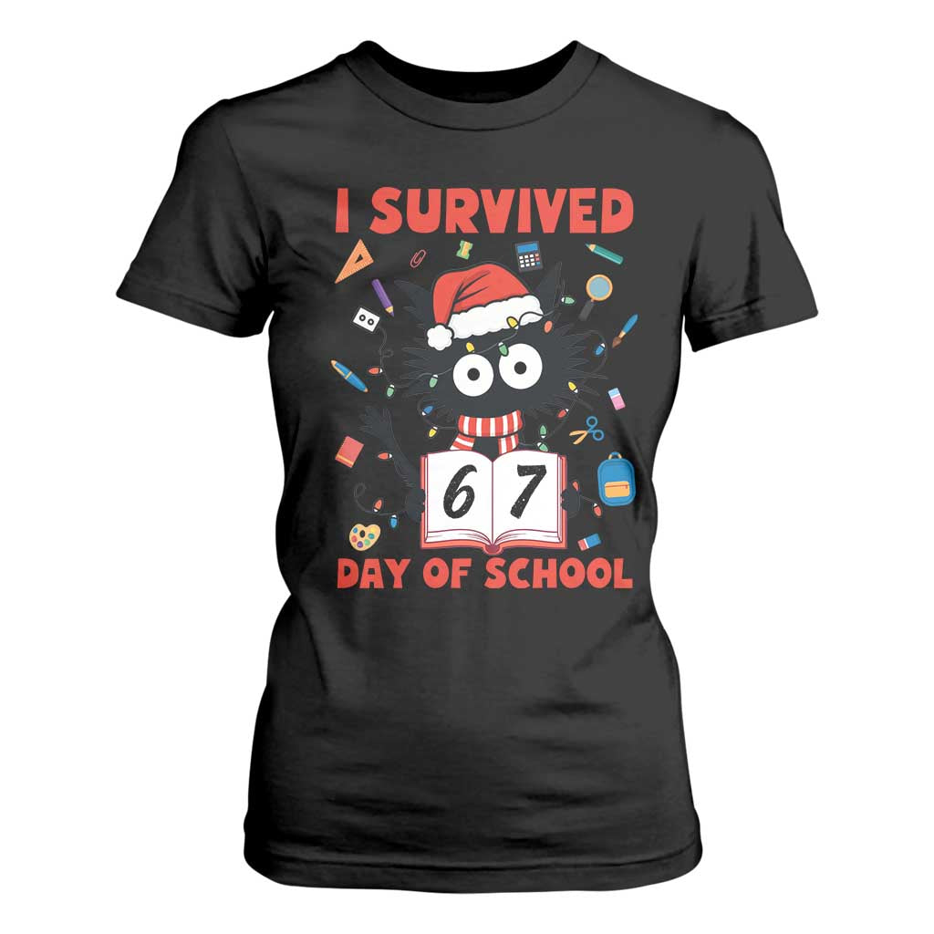 I Survived 67 Days Of School Cat Meme T Shirt For Women Funny Christmas Six Seven Meme TS14 Black Print Your Wear