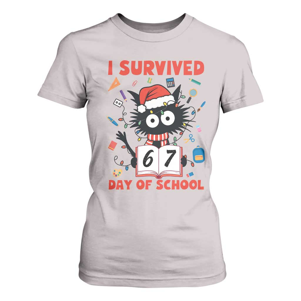 I Survived 67 Days Of School Cat Meme T Shirt For Women Funny Christmas Six Seven Meme TS14 Ice Gray Print Your Wear