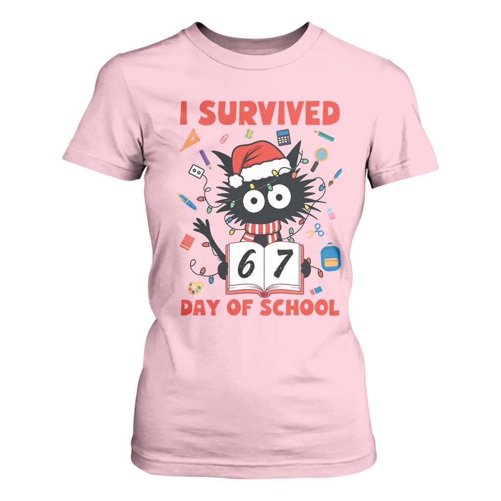 I Survived 67 Days Of School Cat Meme T Shirt For Women Funny Christmas Six Seven Meme TS14 Light Pink Print Your Wear
