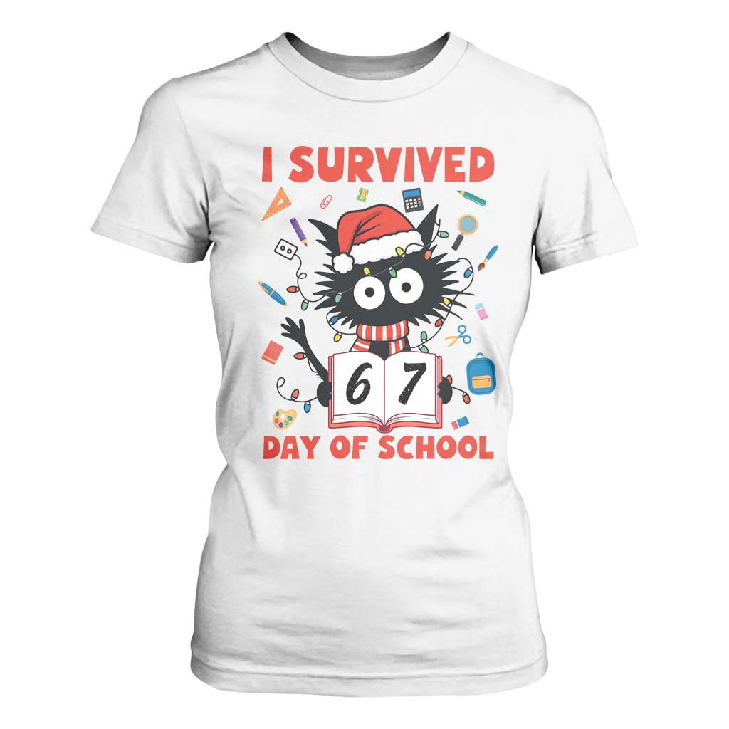 I Survived 67 Days Of School Cat Meme T Shirt For Women Funny Christmas Six Seven Meme TS14 White Print Your Wear