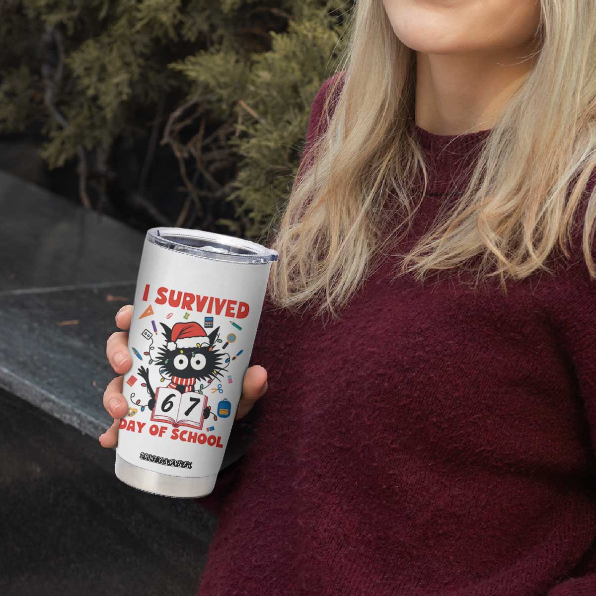 I Survived 67 Days Of School Cat Meme Tumbler Cup Funny Christmas Six Seven Meme TS14 Print Your Wear