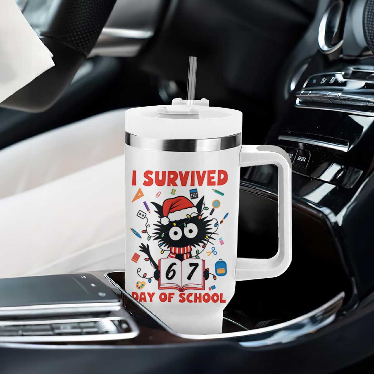 I Survived 67 Days Of School Cat Meme Tumbler With Handle Funny Christmas Six Seven Meme TS14 Print Your Wear