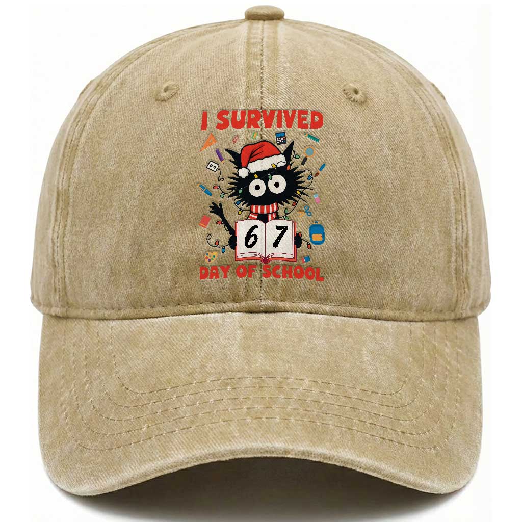 I Survived 67 Days Of School Cat Meme Washed Cotton Baseball Cap Funny Christmas Six Seven Meme TS14 Washed Cap Universal Fit Khaki Print Your Wear